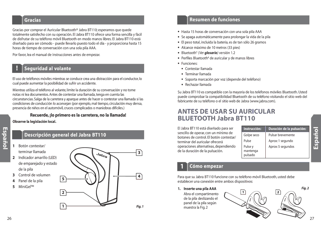 Jabra user manual Gracias, Seguridad al volante, Resumen de funciones, Descripción general del Jabra BT110, Cómo empezar 