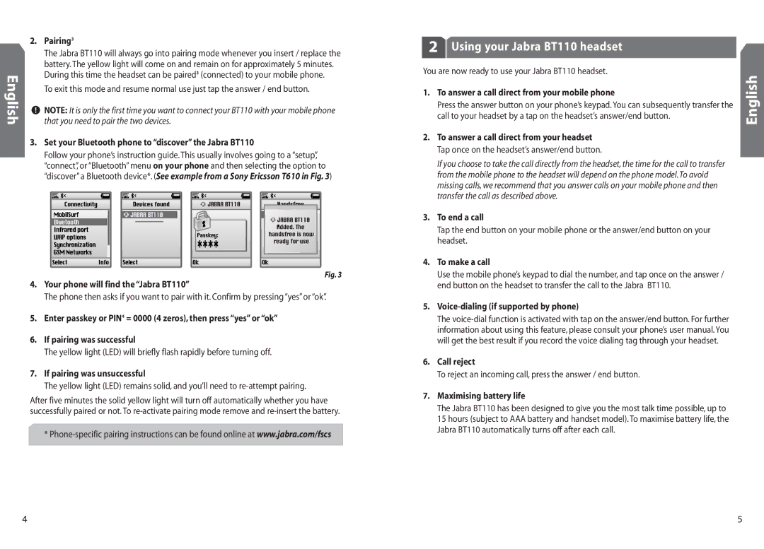 Jabra user manual Using your Jabra BT110 headset 