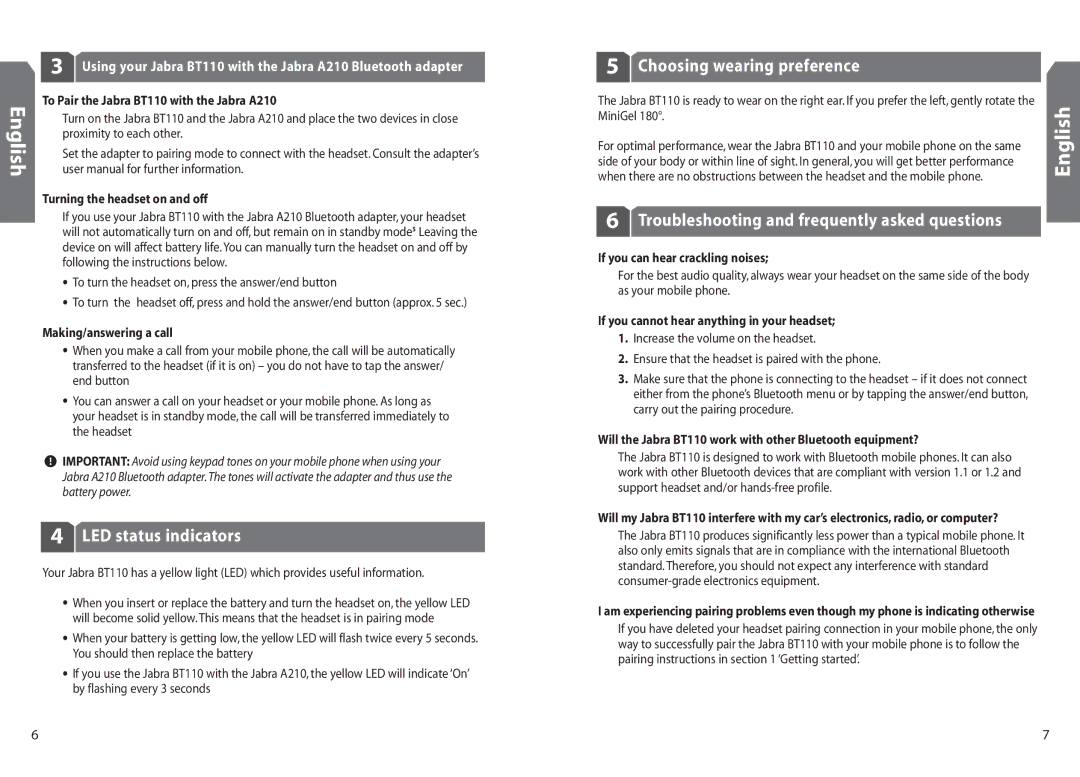 Jabra BT110 user manual LED status indicators, Choosing wearing preference, Troubleshooting and frequently asked questions 