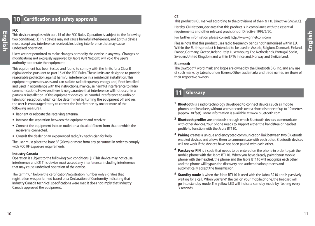 Jabra BT110 user manual Certification and safety approvals, Glossary, Industry Canada, Bluetooth, Their respective owners 