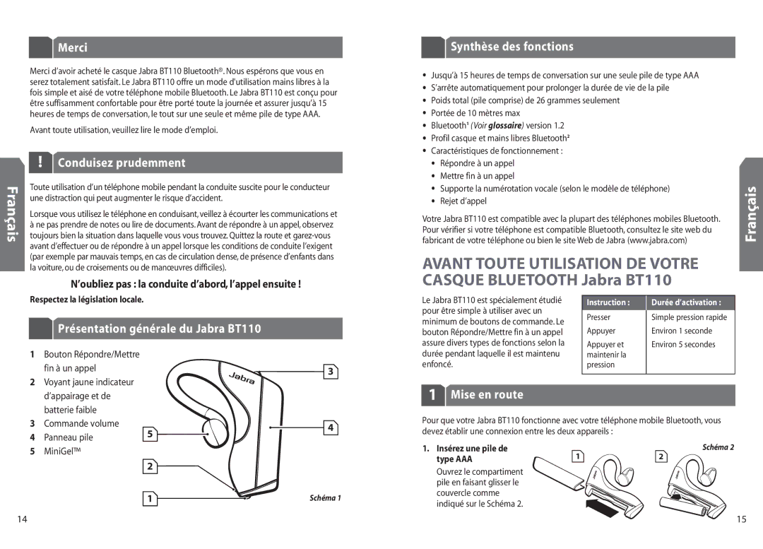 Jabra BT110 user manual Merci, Conduisez prudemment Français, Synthèse des fonctions, Mise en route 