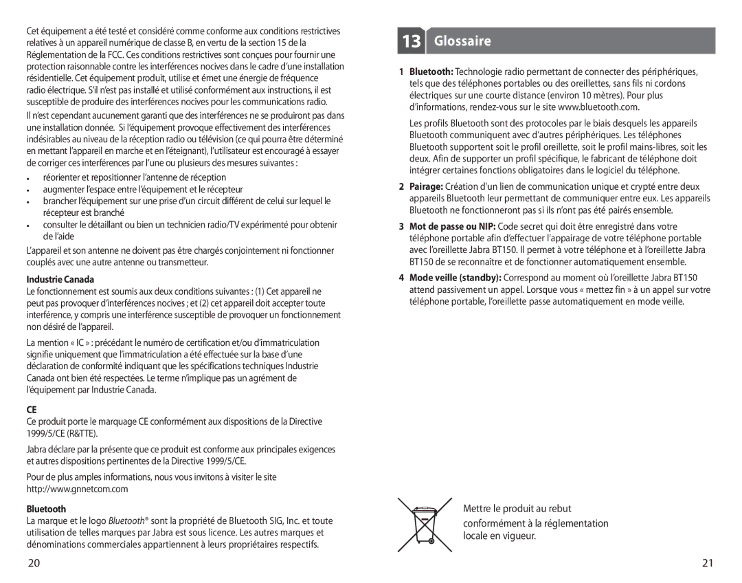 Jabra BT150 specifications Glossaire, Mettre le produit au rebut, Industrie Canada 