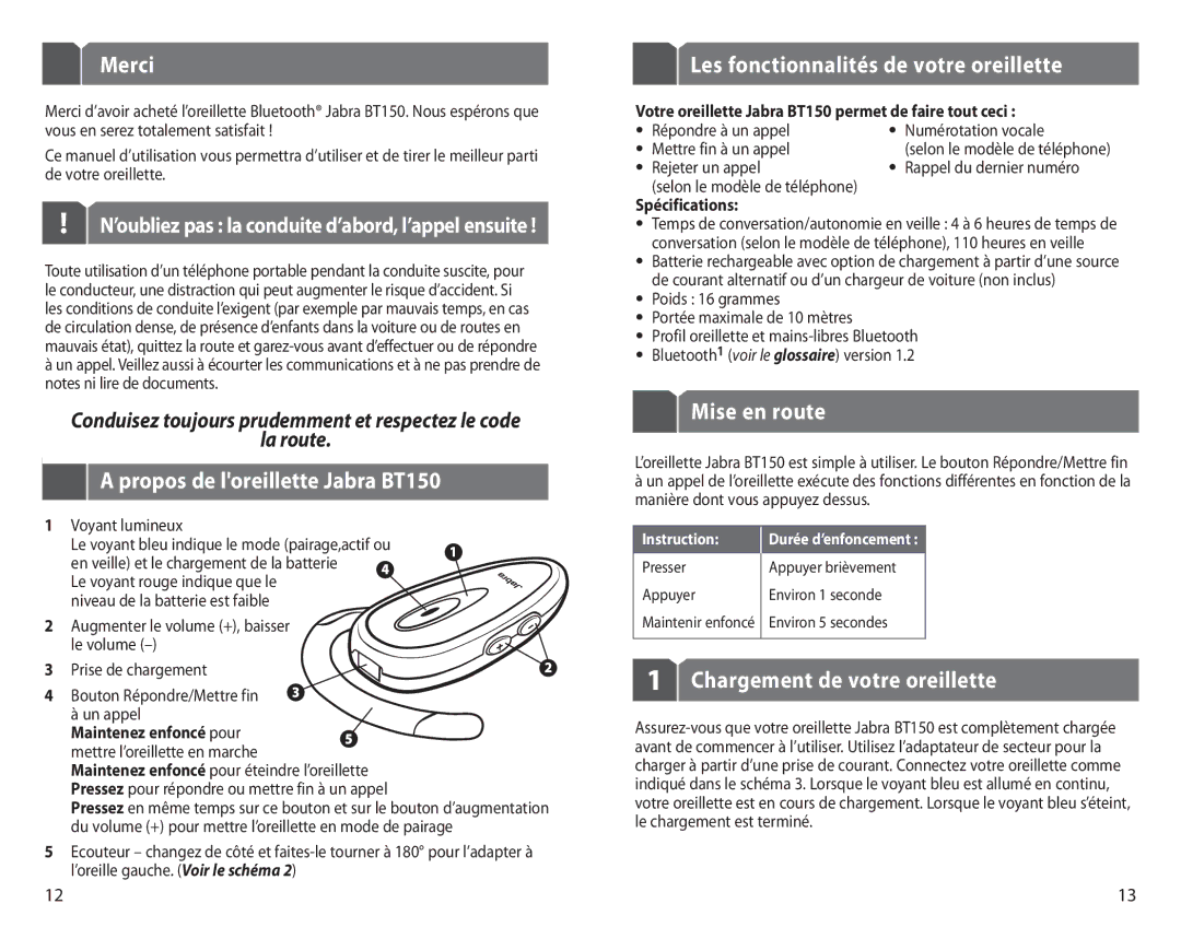 Jabra specifications Merci, Propos de loreillette Jabra BT150, Les fonctionnalités de votre oreillette, Mise en route 