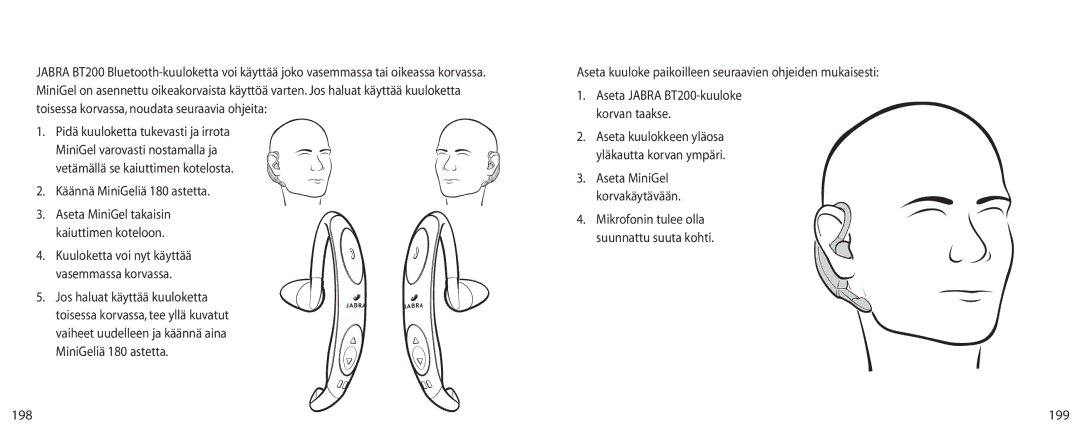 Jabra BT200 user manual Kuuloke oikeassa tai vasemmassa korvassa, Kuulokkeen asettaminen korvaan 