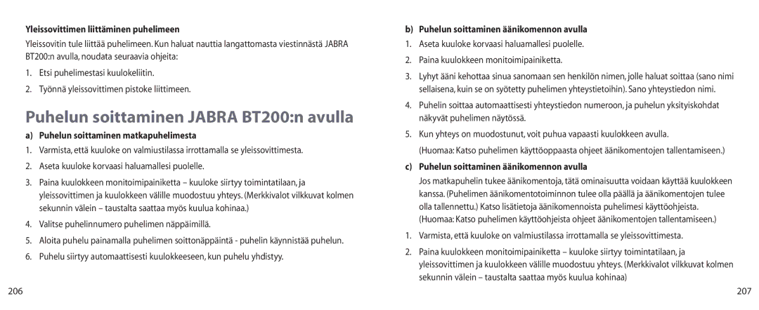 Jabra user manual Puhelun soittaminen Jabra BT200n avulla, Yleissovittimen liittäminen puhelimeen, 207 