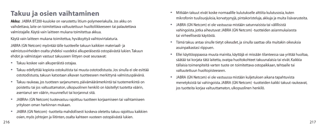 Jabra BT200 user manual Takuu ja osien vaihtaminen, Takuu koskee vain alkuperäistä ostajaa, 216, 217 