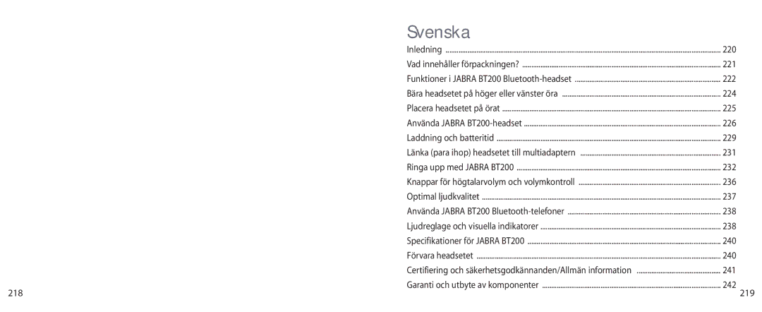 Jabra BT200 user manual Svenska, 218 219 