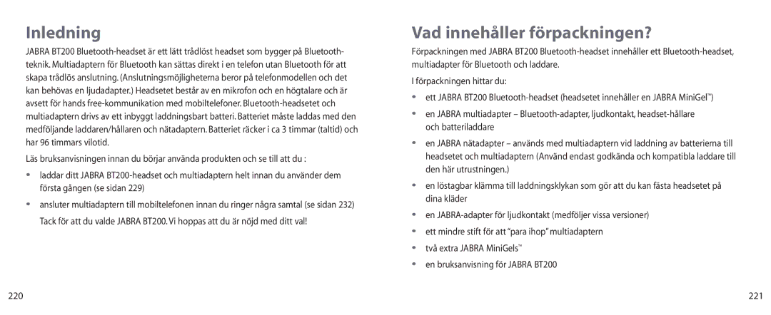 Jabra BT200 user manual Inledning, Vad innehåller förpackningen?, 221 