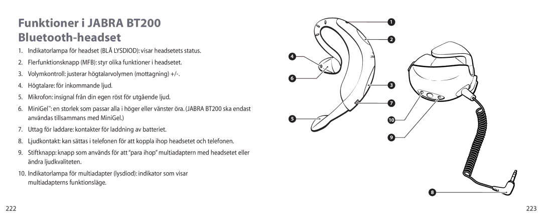 Jabra user manual Funktioner i Jabra BT200 Bluetooth-headset, 223 