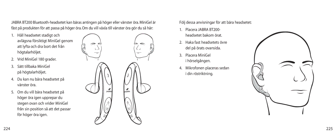 Jabra BT200 user manual Bära headsetet på höger eller vänster öra, Placera headsetet på örat, 225 