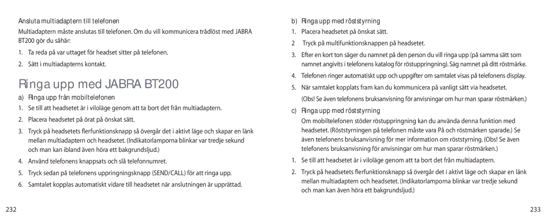 Jabra user manual Ringa upp med Jabra BT200, Ansluta multiadaptern till telefonen, Ringa upp från mobiltelefonen, 233 