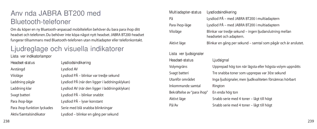 Jabra Använda Jabra BT200 med Bluetooth-telefoner, Ljudreglage och visuella indikatorer, Headset-status Ljudsignal 