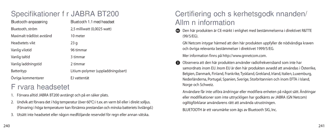 Jabra user manual Specifikationer för Jabra BT200, Förvara headsetet, Bluetooth-anpassning 