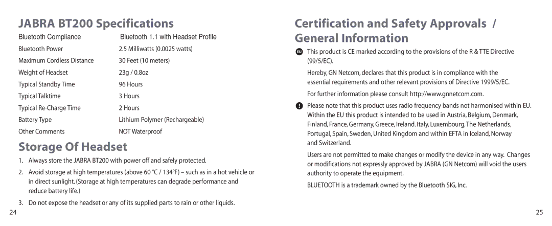 Jabra Jabra BT200 Specifications, Storage Of Headset, Certification and Safety Approvals / General Information 