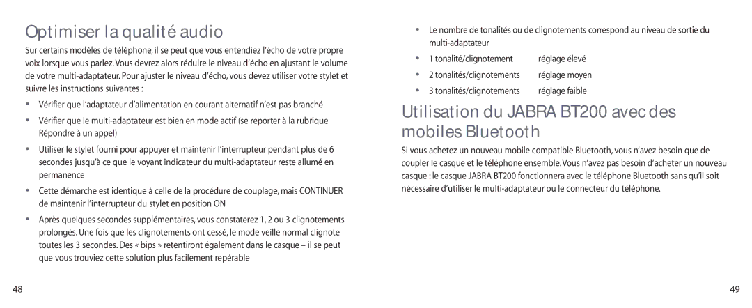 Jabra Optimiser la qualité audio, Utilisation du Jabra BT200 avec des mobiles Bluetooth, Tonalités/clignotements 