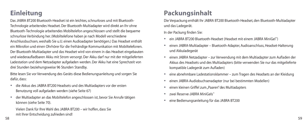 Jabra BT200 user manual Einleitung, Packungsinhalt 