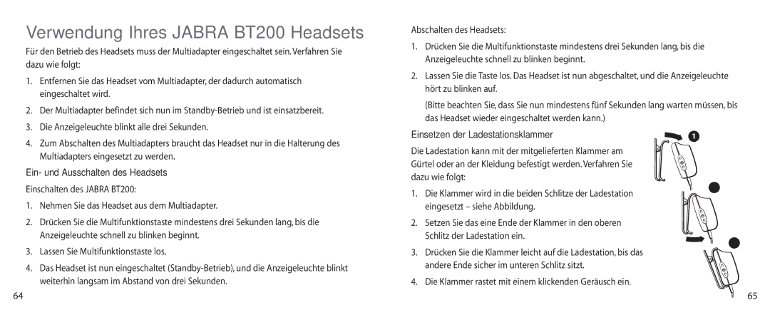 Jabra user manual Verwendung Ihres Jabra BT200 Headsets, Ein- und Ausschalten des Headsets 