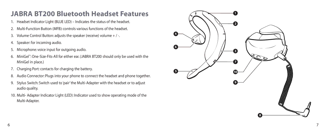 Jabra user manual Jabra BT200 Bluetooth Headset Features, Audio quality, Multi-Adapter 