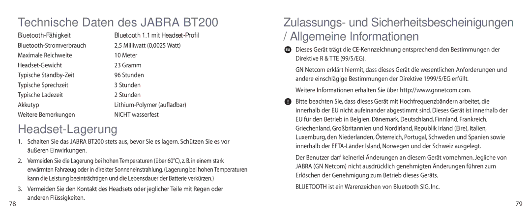 Jabra user manual Technische Daten des Jabra BT200, Headset-Lagerung, Bluetooth-Fähigkeit 