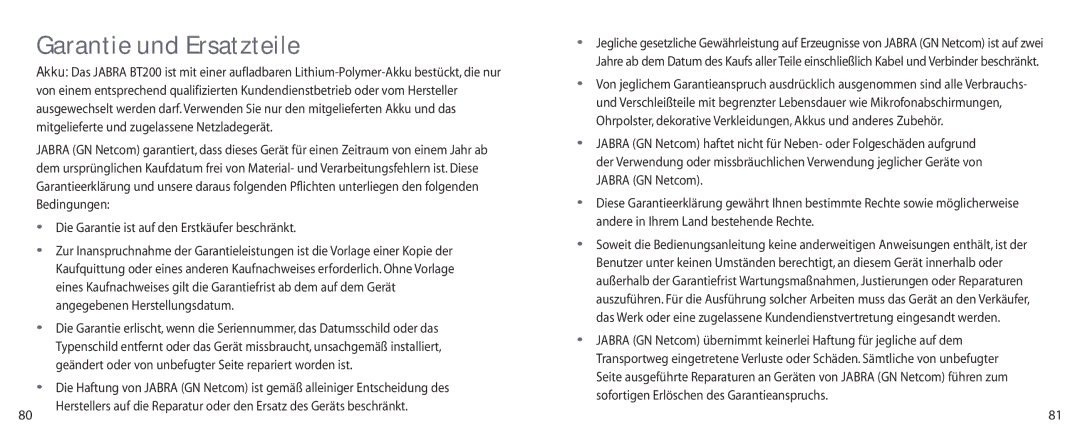 Jabra BT200 user manual Garantie und Ersatzteile 