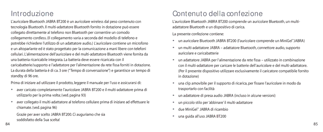 Jabra BT200 user manual Introduzione, Contenuto della confezione 