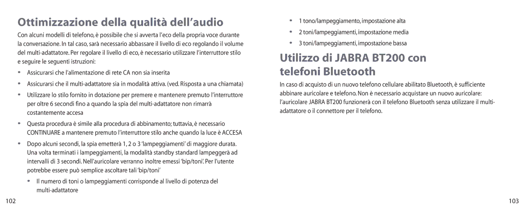 Jabra user manual Ottimizzazione della qualità dell’audio, Utilizzo di Jabra BT200 con telefoni Bluetooth, 103 