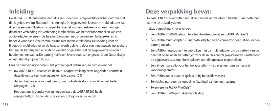 Jabra BT200 user manual Inleiding, Deze verpakking bevat, 112 