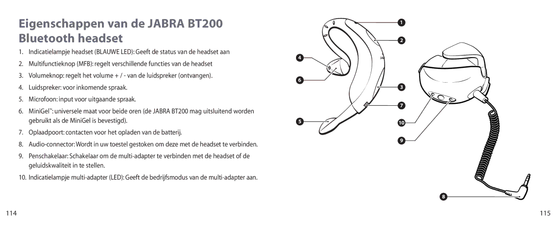 Jabra user manual Eigenschappen van de Jabra BT200 Bluetooth headset, Geluidskwaliteit in te stellen, 115 