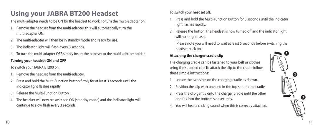 Jabra user manual Using your Jabra BT200 Headset, Turning your headset on and OFF 