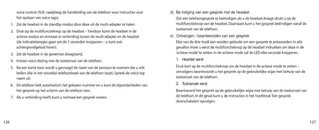 Jabra BT200 Beëindiging van een gesprek met de headset, Ontvangen / beantwoorden van een gesprek, Headset eerst, 127 