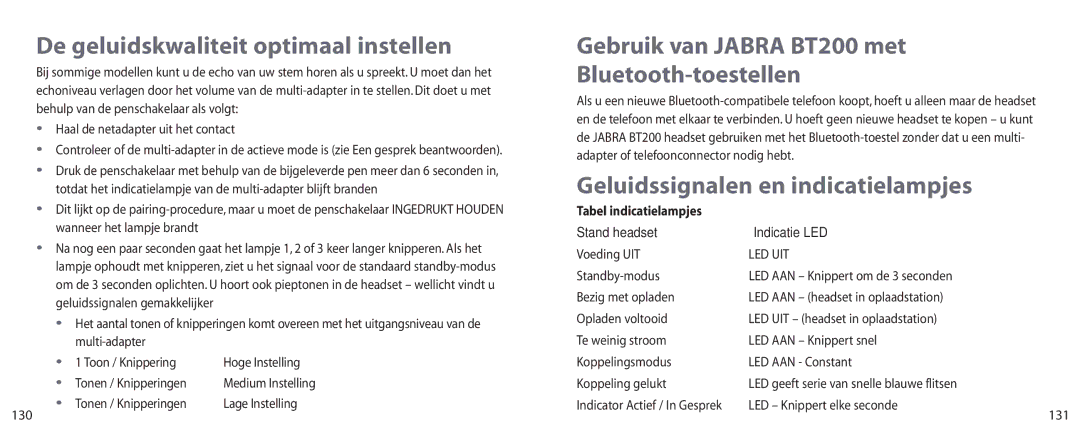 Jabra De geluidskwaliteit optimaal instellen, Gebruik van Jabra BT200 met Bluetooth-toestellen, Tabel indicatielampjes 