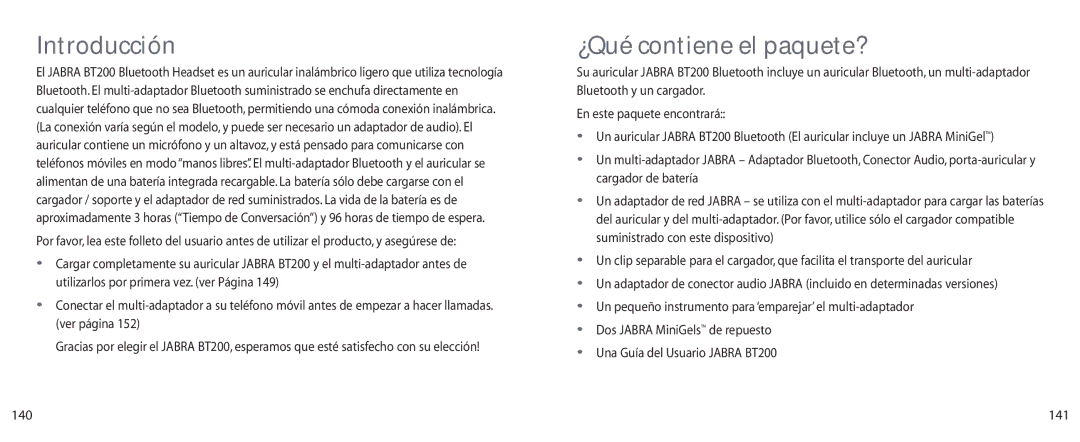 Jabra BT200 user manual Introducción, ¿Qué contiene el paquete?, 141 