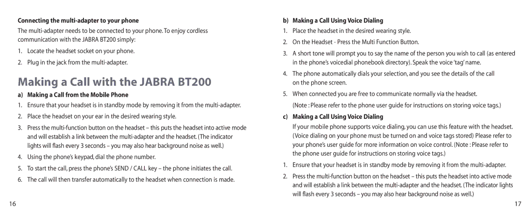 Jabra Making a Call with the Jabra BT200, Connecting the multi-adapter to your phone, Making a Call Using Voice Dialing 