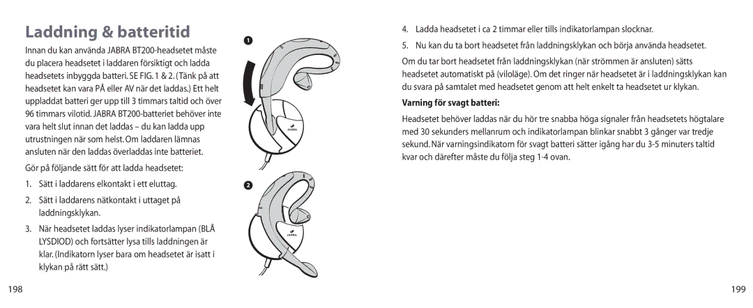 Jabra BT200 user manual Laddning & batteritid, Gör på följande sätt för att ladda headsetet, Varning för svagt batteri, 199 