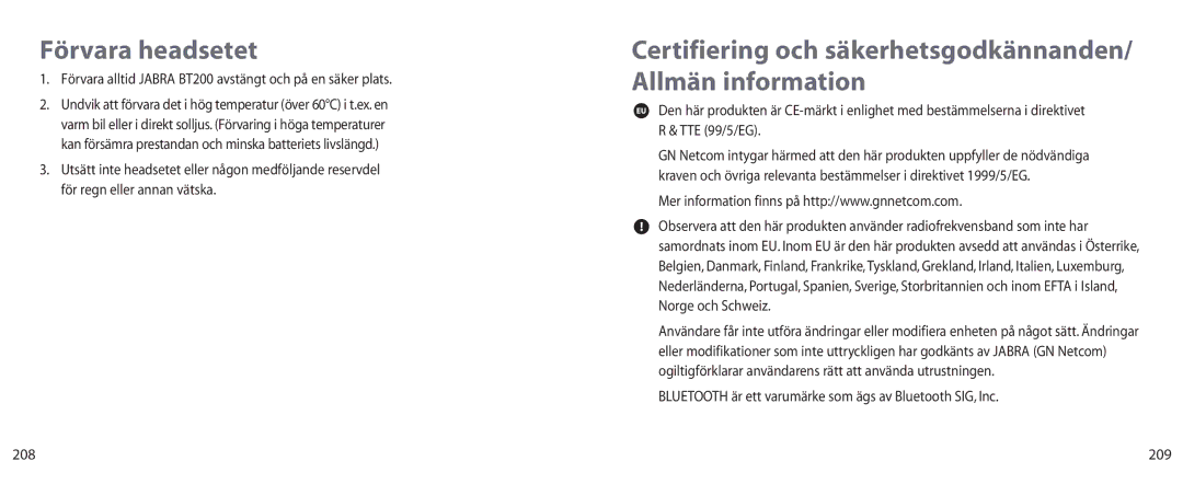 Jabra user manual Förvara headsetet, Förvara alltid Jabra BT200 avstängt och på en säker plats, 209 