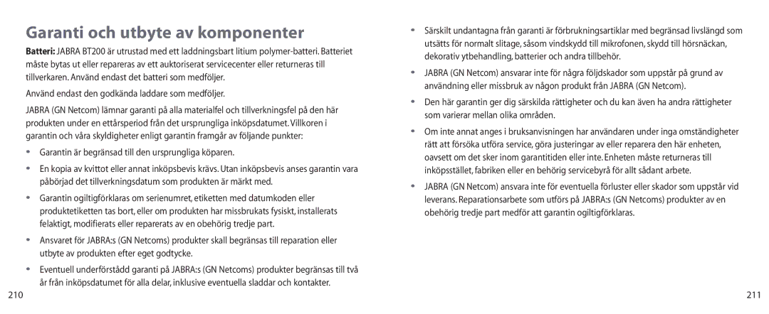 Jabra BT200 user manual Garanti och utbyte av komponenter, Använd endast den godkända laddare som medföljer, 210, 211 