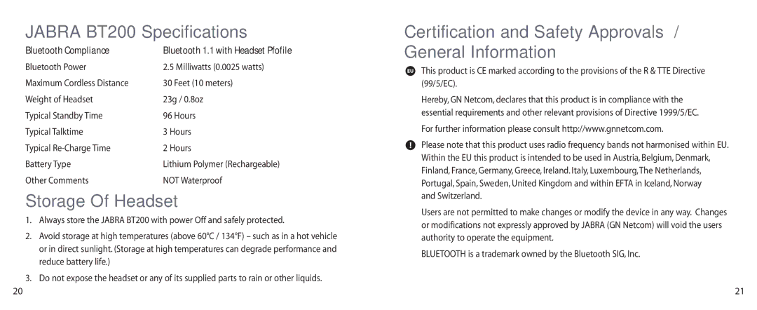 Jabra Jabra BT200 Specifications, Storage Of Headset, Certification and Safety Approvals / General Information 