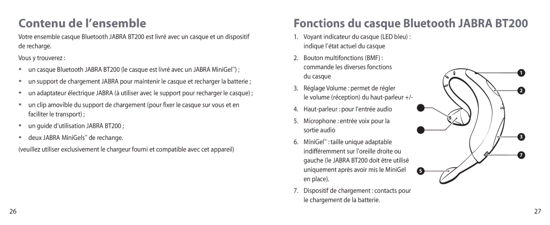 Jabra BT200 user manual Contenu de l’ensemble, Réglage Volume permet de régler, En place 