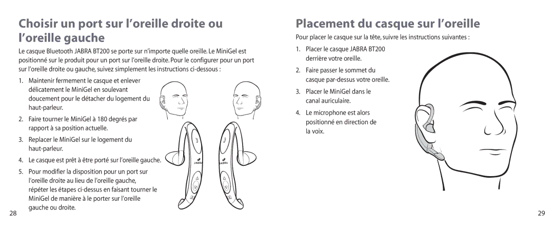 Jabra BT200 Choisir un port sur l’oreille droite ou l’oreille gauche, Placement du casque sur l’oreille, Gauche ou droite 