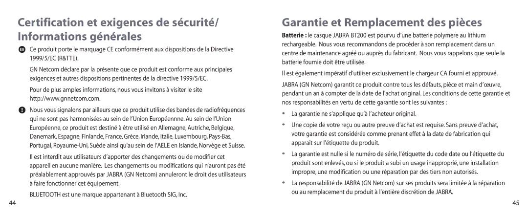 Jabra BT200 user manual Garantie et Remplacement des pièces 