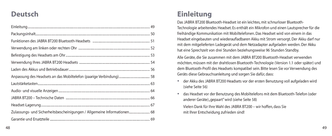 Jabra BT200 user manual Deutsch, Einleitung 