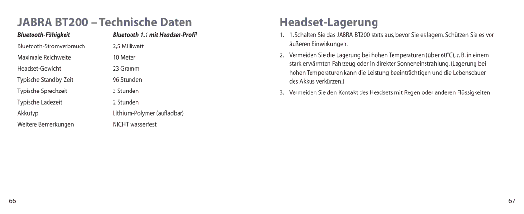 Jabra user manual Jabra BT200 Technische Daten, Headset-Lagerung, Bluetooth-Fähigkeit 