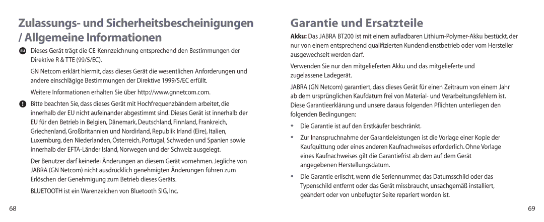 Jabra BT200 user manual Garantie und Ersatzteile, Bluetooth ist ein Warenzeichen von Bluetooth SIG, Inc 