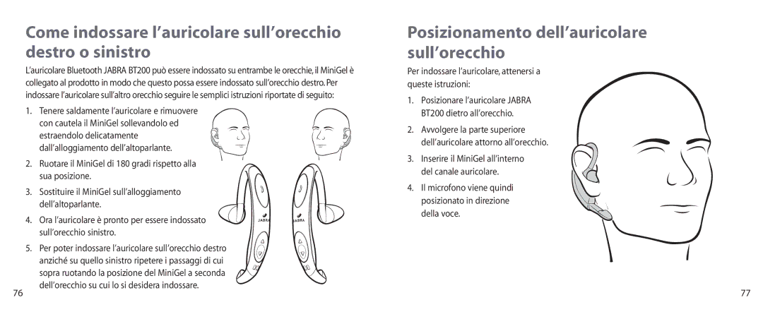 Jabra BT200 Come indossare l’auricolare sull’orecchio destro o sinistro, Posizionamento dell’auricolare sull’orecchio 