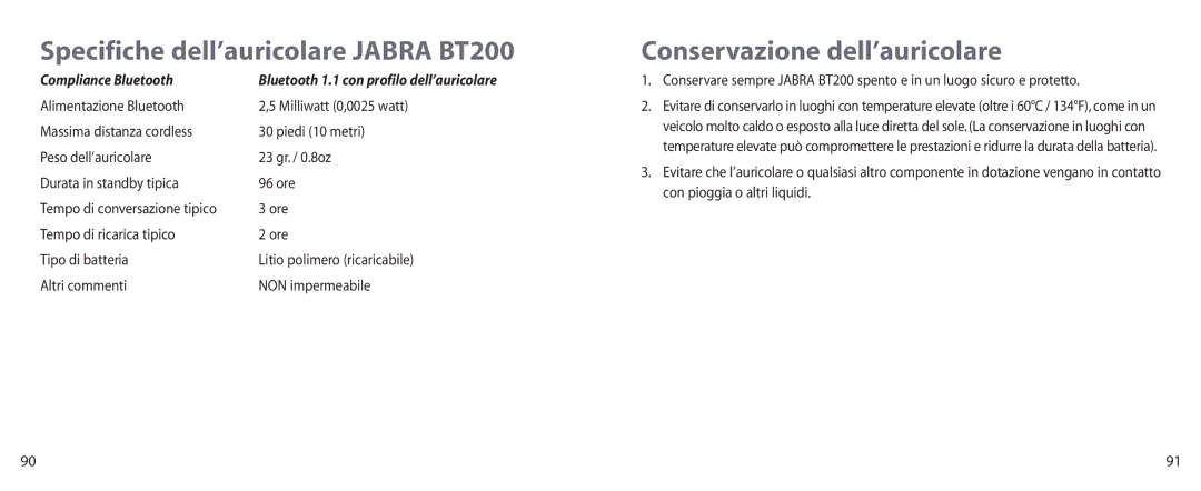 Jabra user manual Specifiche dell’auricolare Jabra BT200, Conservazione dell’auricolare, Compliance Bluetooth 