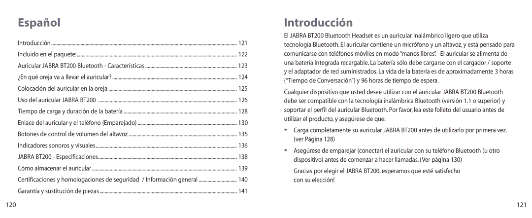 Jabra BT200 user manual Español, Introducción, 120 