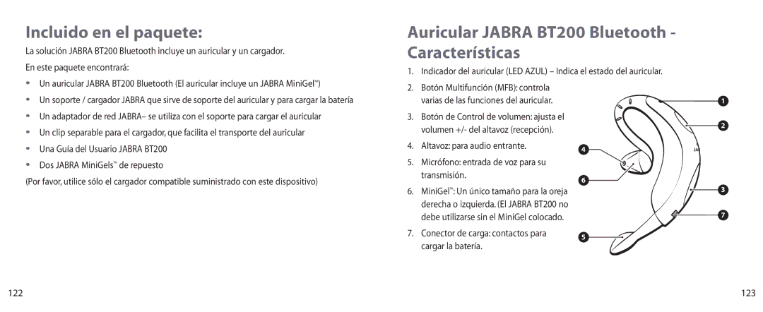 Jabra user manual Incluido en el paquete, Auricular Jabra BT200 Bluetooth Características, 123 