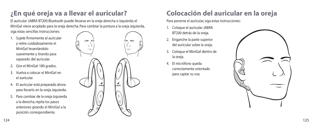 Jabra BT200 user manual ¿En qué oreja va a llevar el auricular?, Colocación del auricular en la oreja 