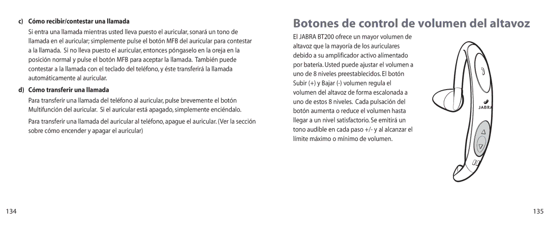 Jabra BT200 user manual Cómo recibir/contestar una llamada, Cómo transferir una llamada, 135 