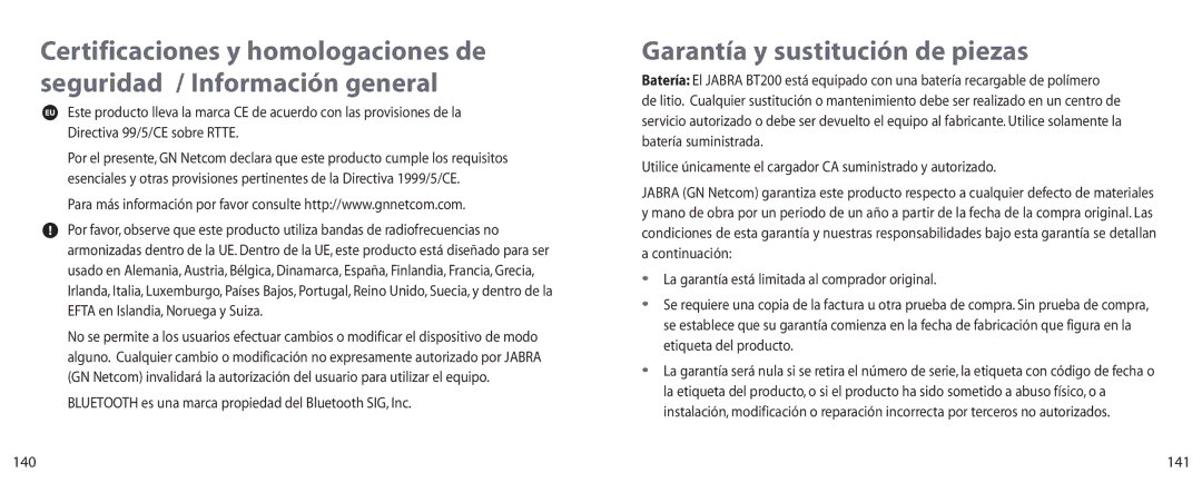 Jabra BT200 user manual Garantía y sustitución de piezas, Bluetooth es una marca propiedad del Bluetooth SIG, Inc, 141 